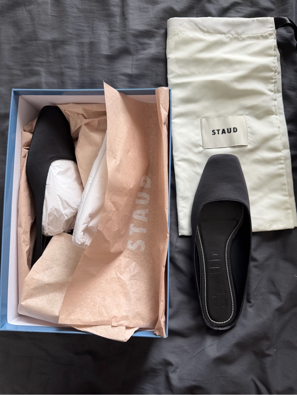 STAUD Black Square-Toe Mule Flats